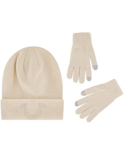 True Religion Beanie Hat And Touchscreen Glove Set - Natural