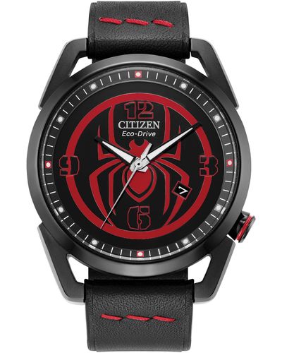 Citizen Eco-drive Marvel Miles Morales Black Ion Plated Stainless Steel Case With Black Leather Strap Watch,black Dial,42mm