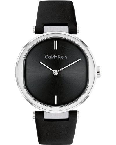 Calvin Klein Quartz Stainless Steel Case And Leather Strap Watch - Black