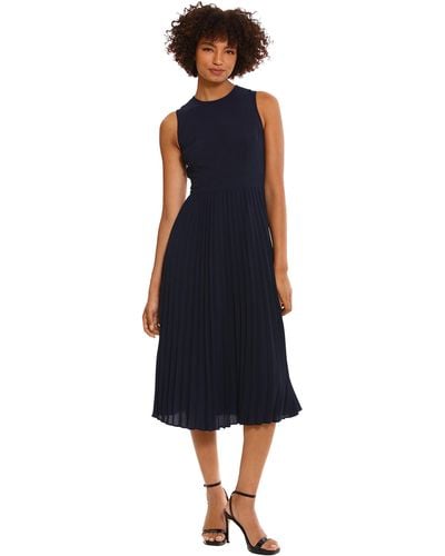 Donna Morgan Plus Size Sleeveless Stretch Light Bubble Crepe Pleated Skirt Midi Dress - Blue