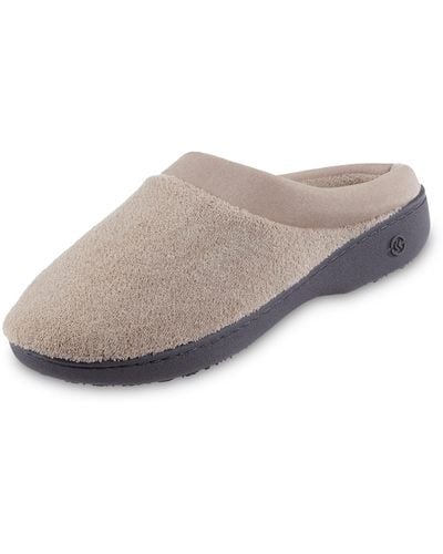 Isotoner Terry And Satin Slip On Cushioned Slipper With Memory Foam For Indoor/outdoor Comfort Flat Sandals - Gray