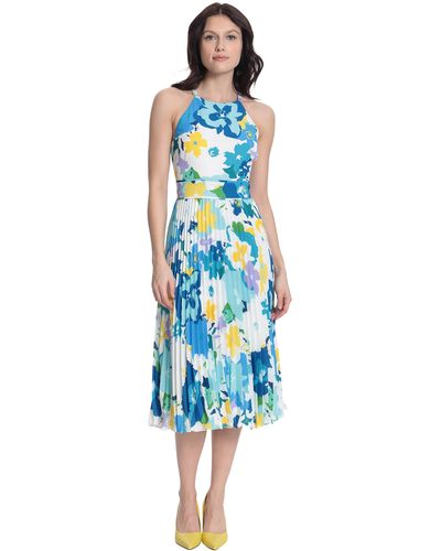 Donna Morgan Halter Midi Dress With Pleated Skirt - Blue
