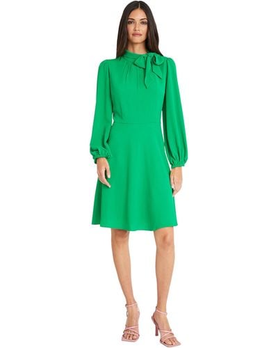 Maggy London S Long Sleeve Tie Neck Fit And Flare Dresses - Green