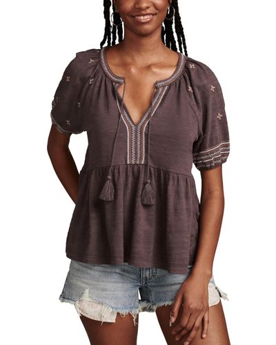 Lucky Brand Easy Embroidered Babydoll Top - Brown
