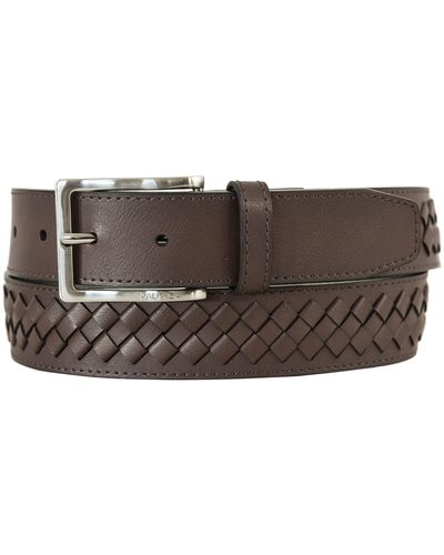 Nautica Center Woven Detail Leather Belt With Brushed Nickel Buckle In Brown Size Medium