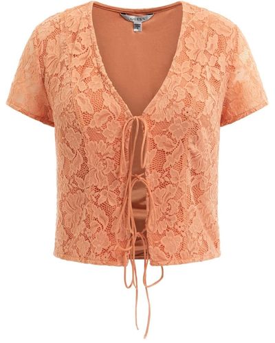 Guess Short Sleeve Nia Lace Up Top - Orange