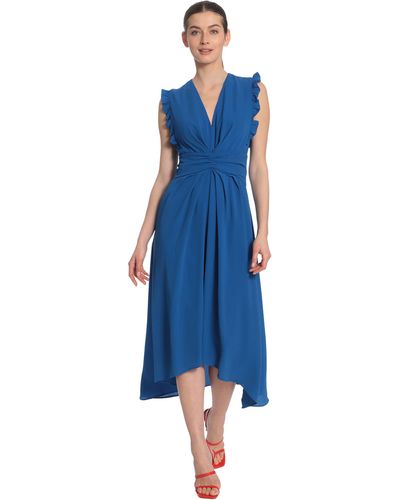 Maggy London V-neck Hi-lo Midi Dress With Gathered Waist And Sleeveless Ruffle Details - Blue