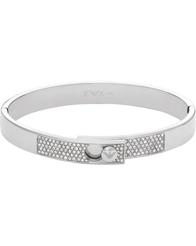 Emporio Armani Silver Stainless Steel With Crystals Setted Bangle Bracelet - Metallic