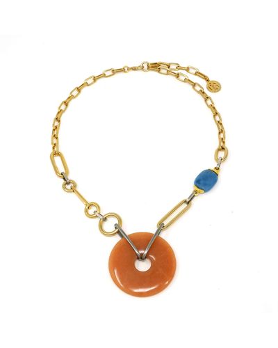 Ben-Amun Ben-amun Bohemian Chain Link 24k Gold Plated Necklace With Colorful Stones - Brown
