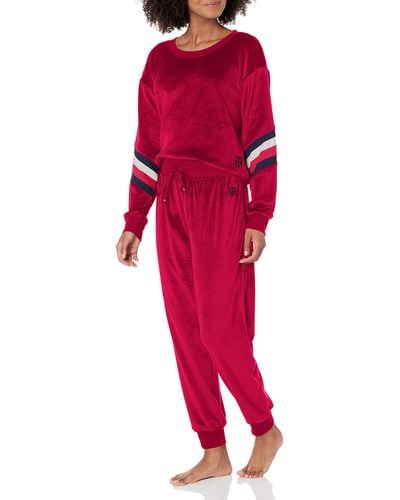 Tommy Hilfiger Womens Logo Sleeve Velour Pullover And Cuffed Bottom Pants Pj Pajama Set - Red