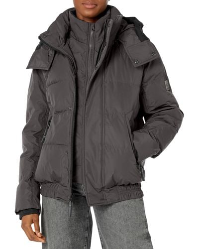 Andrew Marc Short Quilted Inner Bib Attached Down Fill Phoenix Down Bomber Hybrid - Black
