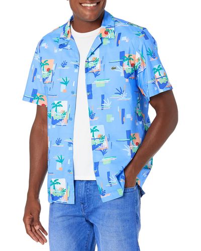 Lacoste Short Sleeve All Over Summer Print Button Down Woven Shirt - Blue