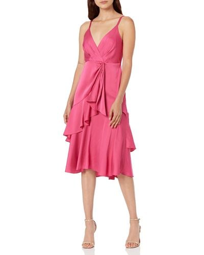 Maggy London Spaghetti Strap Fit And Flare Faux Wrap With Cascade And Ruffle Event Party Date Guest Of - Pink
