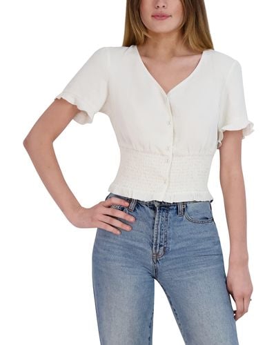 BCBGeneration Womens Fitted Short Sleeve Smocked Waist Ruffle Hem Button Front Crop Top Shirt - White