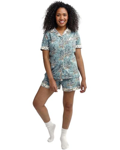 Vera Bradley Cotton Pajama Set With Short Sleeve Button-up Shirt And Shorts - Blue