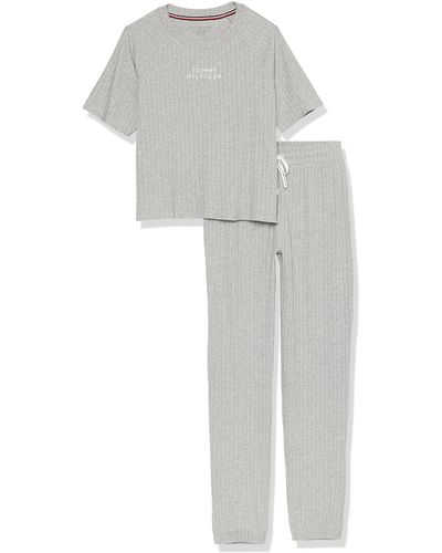 Tommy Hilfiger Textured Rib Tee And Logo Tie Jogger Pant Pajama Set Pj - White