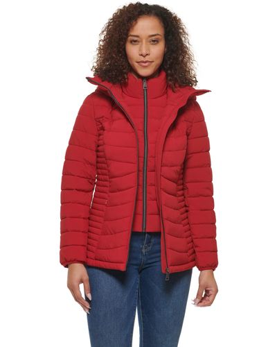 DKNY S Everyday Outerwear Packable Stretchy Fleece Jacket - Red