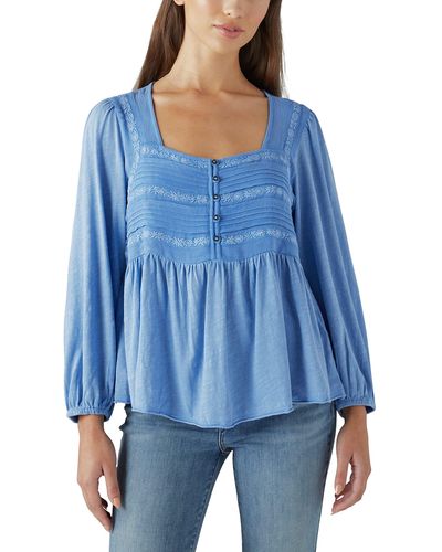 Lucky Brand Embroidered Yoke Long Sleeve Peasant Top - Blue