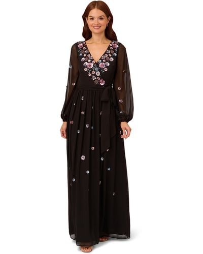 Adrianna Papell Beaded Long Sleeve Gown - Black