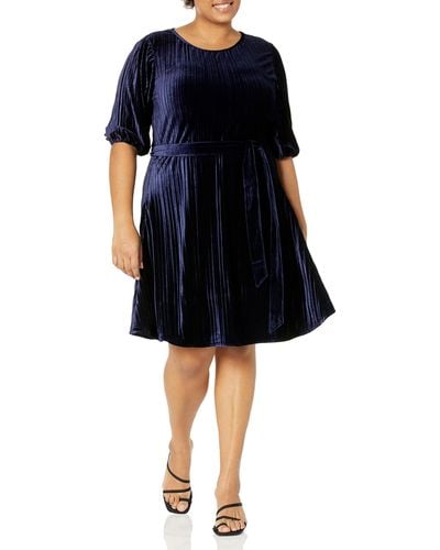 DKNY Bubble Sleeve Pleated Velvet Dress - Blue