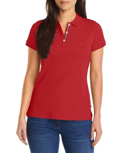 Nautica Womens 3-button Short Sleeve Breathable 100% Cotton Polo Shirt - Red