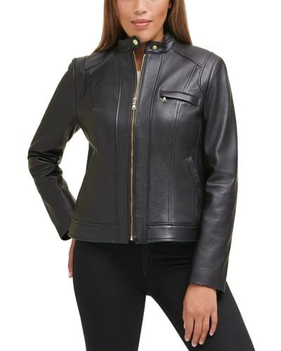 Cole Haan Zip Front Fully Lined Leather Coat - Black
