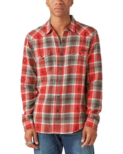 Lucky Brand Plaid Dobby Western Long Sleeve Button Down Shirt - Red