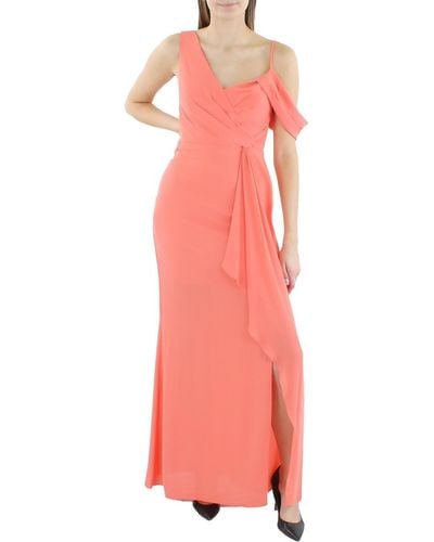 BCBGMAXAZRIA Fit And Flare One Off The Shoulder Sleeve Asymmetrical Neck Faux Wrap Side Slit Floor Length Evening Gown - Pink