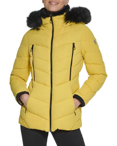 Guess Cold Weather Hooded Puffer Coat - Yellow