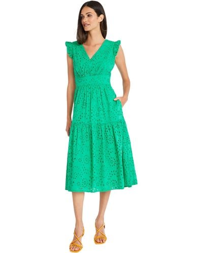 Maggy London Sleeveless V-neck With Ruffle Shoulder Detail And Tiered Skirt - Green
