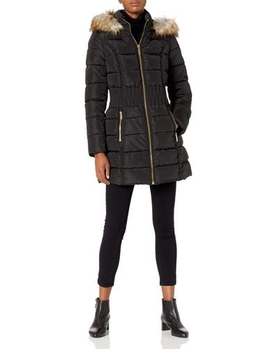 Laundry by Shelli Segal 3/4 Puffer With Zig Zag Cinched Waist And Faux Fur Trim Hood - Black