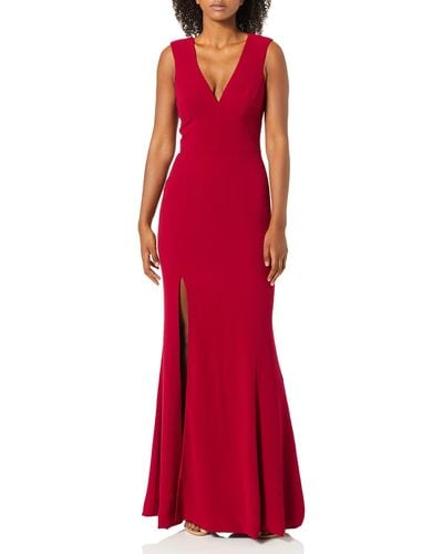 Dress the Population Iris Plunging Spaghetti Strap Sleeveless Long Gown Dress - Red