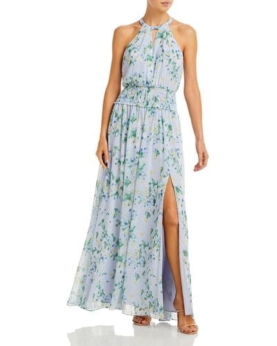 BCBGMAXAZRIA Sleeveless Halter Neck Smocked Waist Side Slit Maxi Evening Dress - Blue