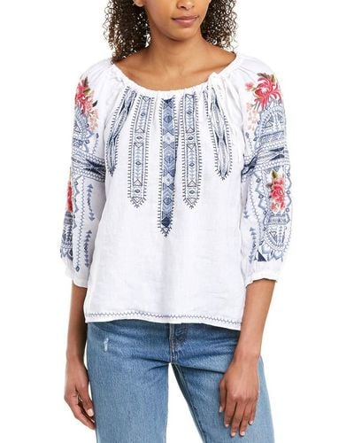 Johnny Was Embroidered Tie Peasant Blouse - White