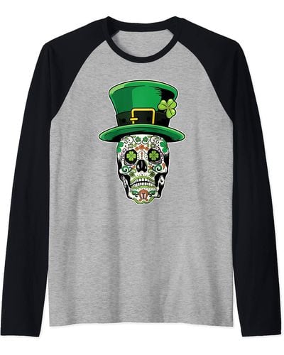 Lucky Brand Sugar Skull Saint Patricks Day Of Dead Raglan Baseball Tee - Black