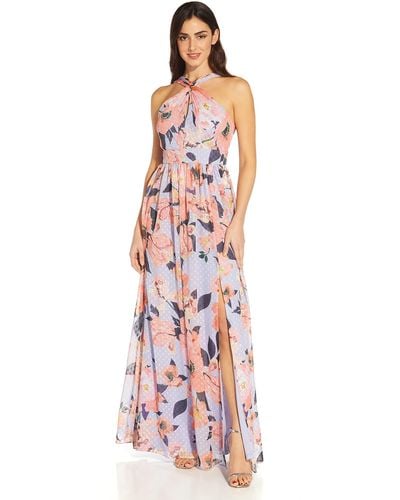 Adrianna Papell Printed Chiffon Halter Gown - White