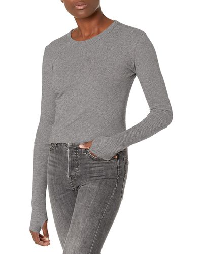 Enza Costa Womens Cashmere Blend Cuffed Crew Top With Thumbhole Shirt - Gray
