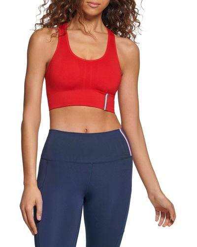 Tommy Hilfiger Women's Fitness Racerback Sports Bra Long Line Removable  Cups, Rich Red, Large at  Women's Clothing store