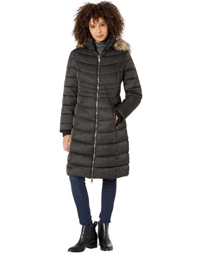 Kenneth Cole Quilted Long Puffer W/ Faux Fur Trim Black Lg