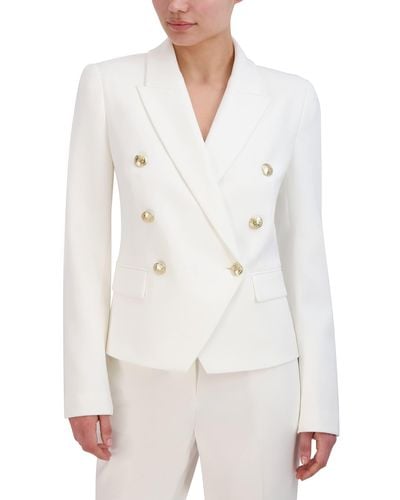 BCBGMAXAZRIA V Neck Long Sleeve Double Breasted Fitted Blazer - White