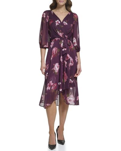 DKNY Chiffon 3/4 Sleeve Faux Wrap Dress - Purple