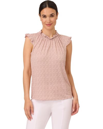 Adrianna Papell Mock Neck Print Top With Ruffled Details - White