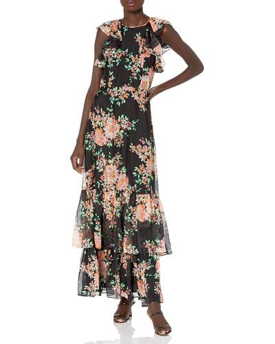 Shoshanna Flutter Sleeve Floral Printed Sheath Gown With Two Ruffle Tiers - Multicolor