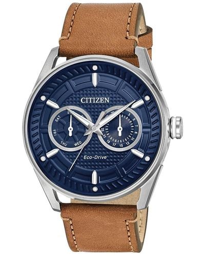 Citizen Eco-drive Weekender Watch In Stainless Steel With Brown Leather Strap - Blue