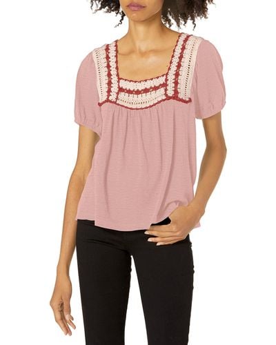 Lucky Brand Womens Short Sleeve Square Neck Crochet Top Blouse - Pink