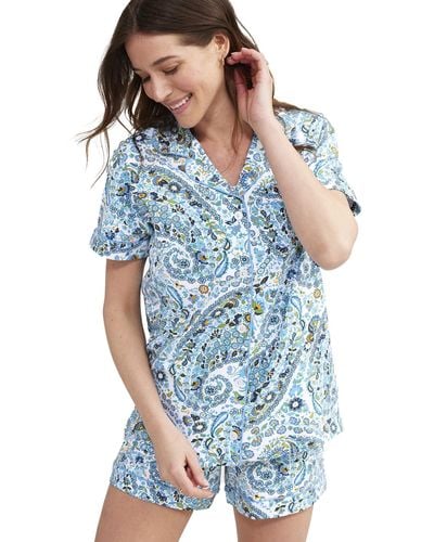 Vera Bradley Cotton Pajama Set With Short Sleeve Button-up Shirt And Shorts - Blue