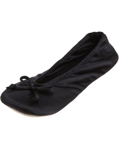 Isotoner Ballerina Slippers For – Soft Satin House Shoes With Bow And Suede Sole – Classic Comfy Travel And Bedroom Slippers – Cute - Black