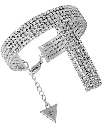 Guess Silvertone Rhinestone Cuff Bracelet With Ribbon Drape - Metallic