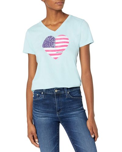 Life Is Good. Crusher Graphic V-neck T-shirt Watercolor American Flag Heart - Blue