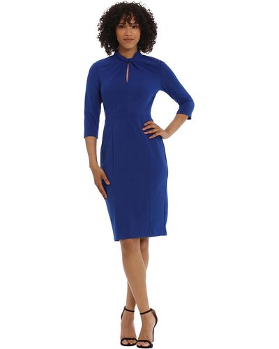 Donna Morgan Stretch Crepe 3/4 Sleeve Twisted Neckline Sheath Dress - Blue
